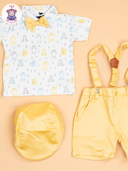 White & Yellow- Half Sleeves Shirts & Shorts Set With Suspender & Bow