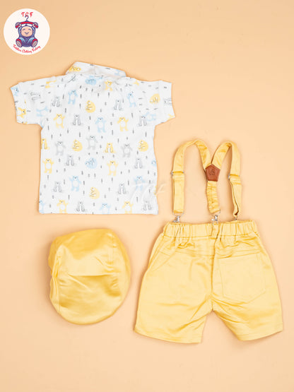 White & Yellow- Half Sleeves Shirts & Shorts Set With Suspender & Bow