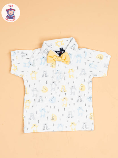 White & Yellow- Half Sleeves Shirts & Shorts Set With Suspender & Bow