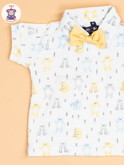 White & Yellow- Half Sleeves Shirts & Shorts Set With Suspender & Bow