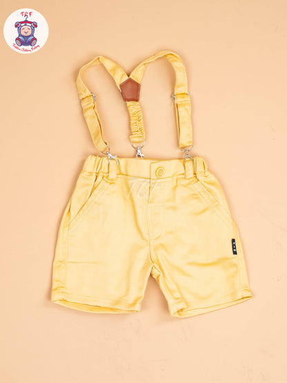 White & Yellow- Half Sleeves Shirts & Shorts Set With Suspender & Bow