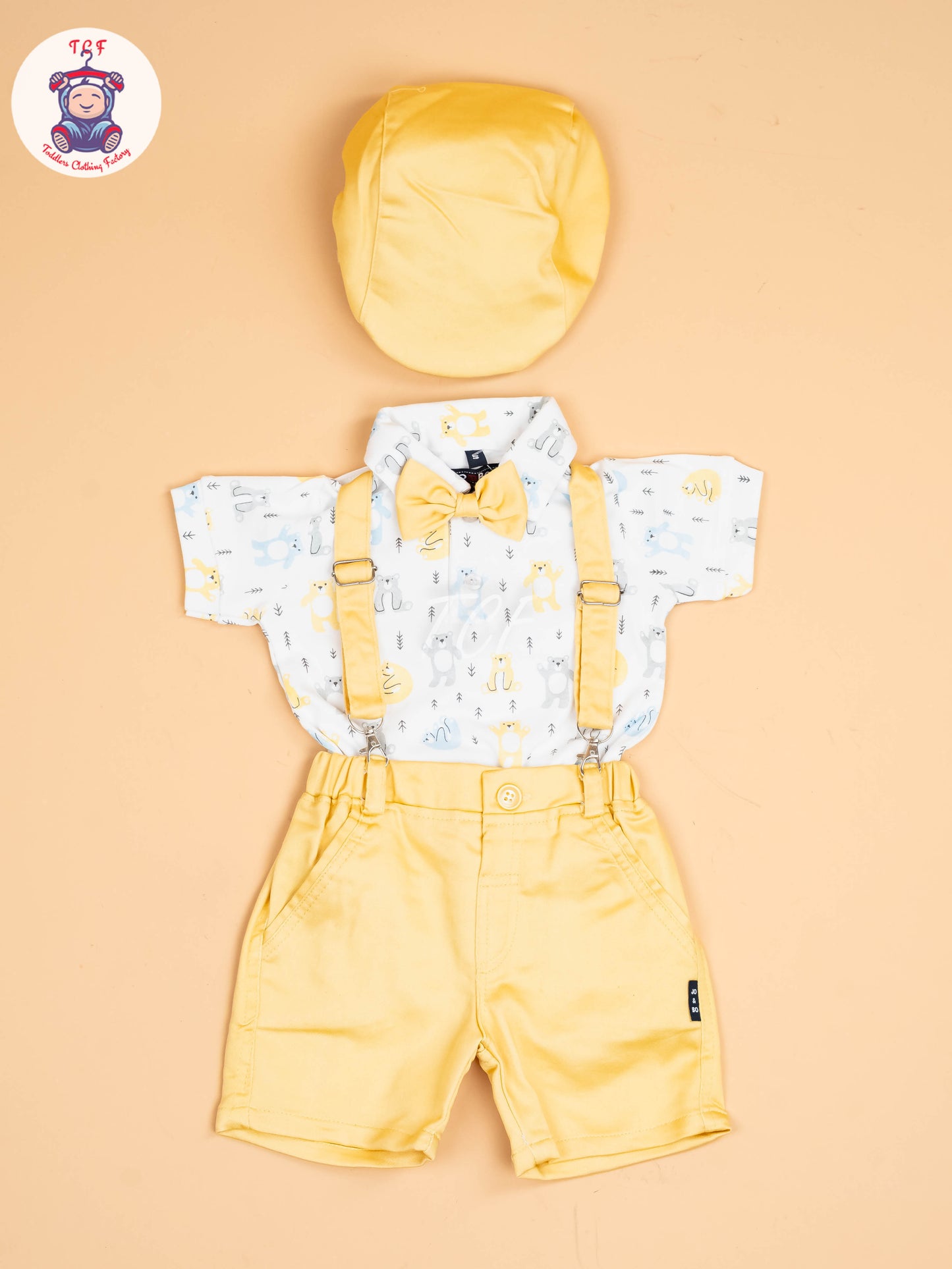 White & Yellow- Half Sleeves Shirts & Shorts Set With Suspender & Bow
