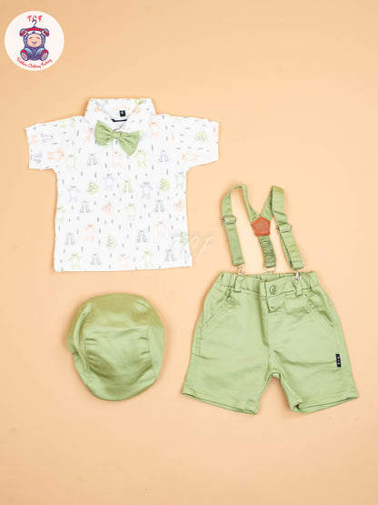 White & Pista Green - Half Sleeves Shirts & Shorts With Suspender Set & Bow
