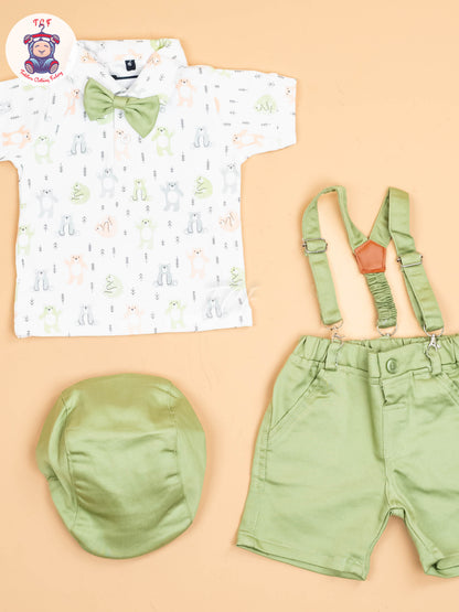 White & Pista Green - Half Sleeves Shirts & Shorts With Suspender Set & Bow