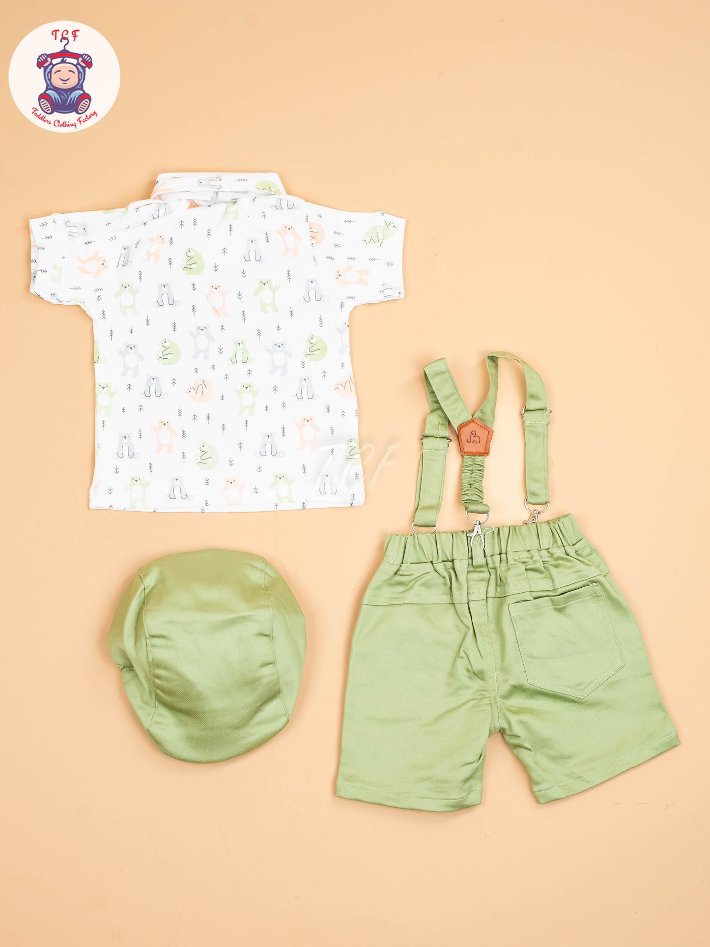 White & Pista Green - Half Sleeves Shirts & Shorts With Suspender Set & Bow