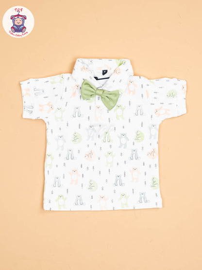 White & Pista Green - Half Sleeves Shirts & Shorts With Suspender Set & Bow