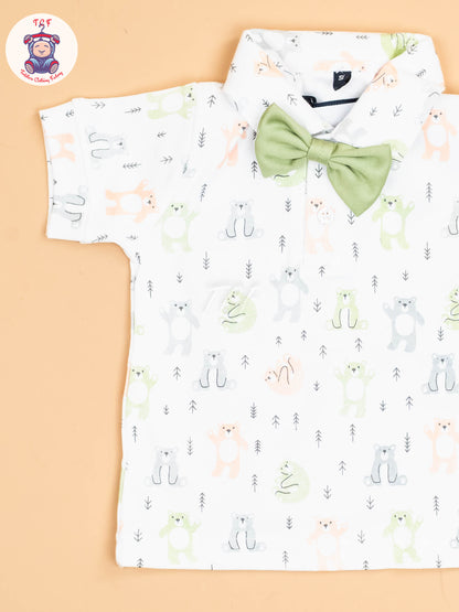 White & Pista Green - Half Sleeves Shirts & Shorts With Suspender Set & Bow
