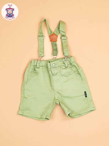 White & Pista Green - Half Sleeves Shirts & Shorts With Suspender Set & Bow