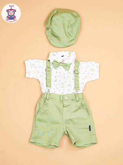 White & Pista Green - Half Sleeves Shirts & Shorts With Suspender Set & Bow