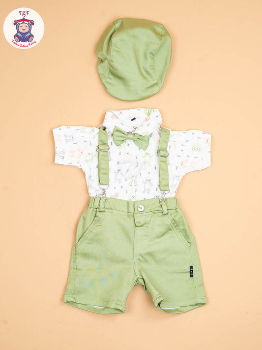 White & Pista Green - Half Sleeves Shirts & Shorts With Suspender Set & Bow