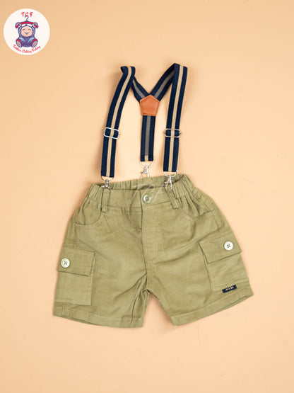 White & Light Green - Half Sleeves Shirts & Shorts With Suspender Sets