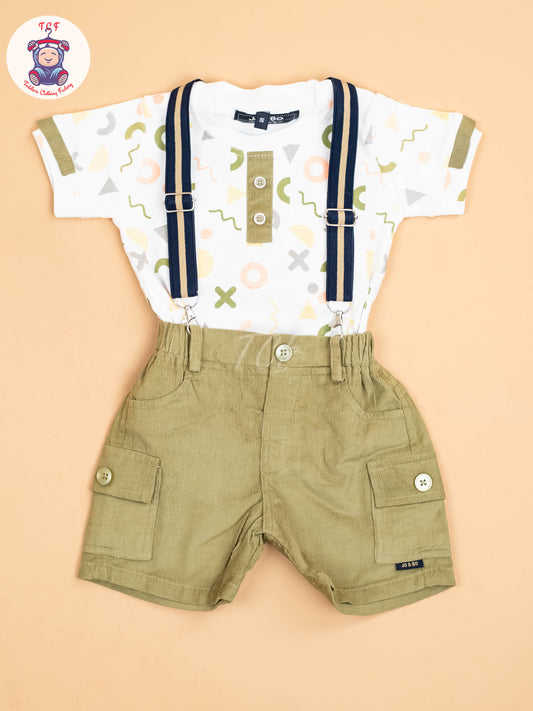 White & Light Green - Half Sleeves Shirts & Shorts With Suspender Sets