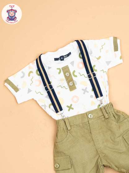White & Light Green - Half Sleeves Shirts & Shorts With Suspender Sets