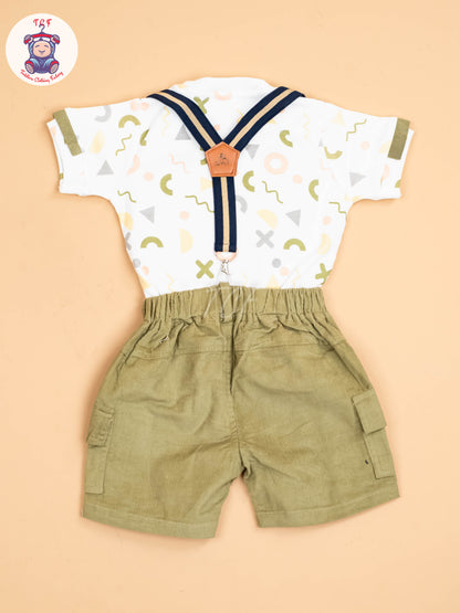 White & Light Green - Half Sleeves Shirts & Shorts With Suspender Sets