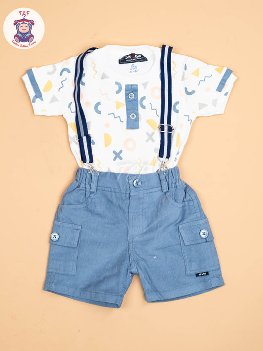 White & Light Blue - Half Sleeves Shirts & Shorts With Suspender Sets