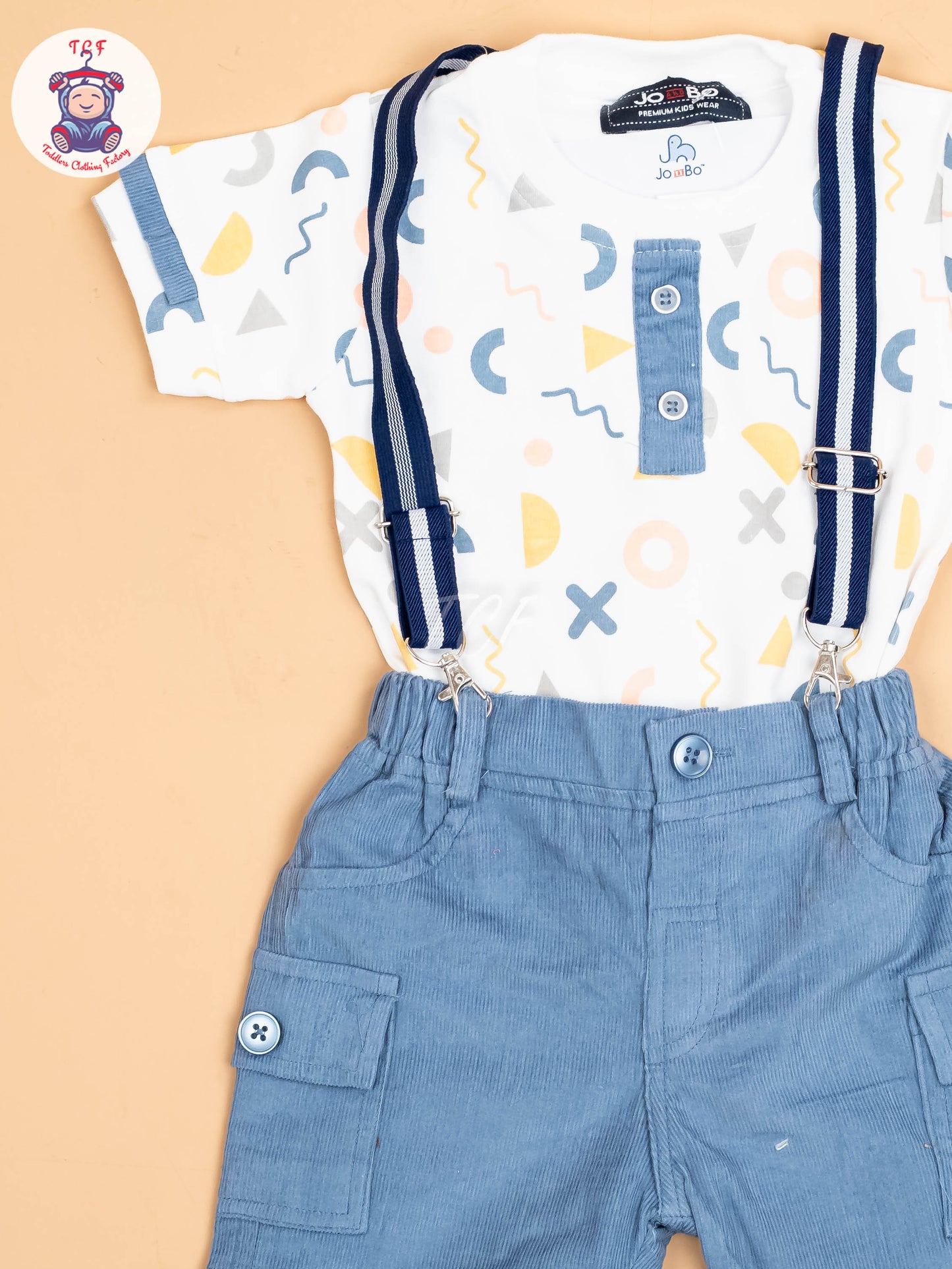 White & Light Blue - Half Sleeves Shirts & Shorts With Suspender Sets