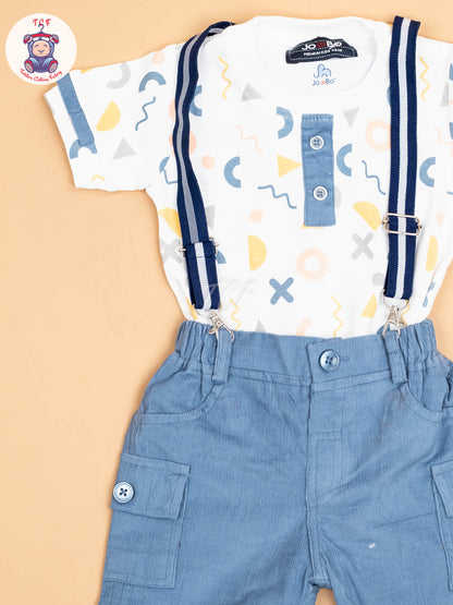 White & Light Blue - Half Sleeves Shirts & Shorts With Suspender Sets