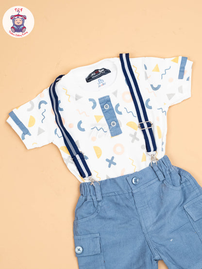 White & Light Blue - Half Sleeves Shirts & Shorts With Suspender Sets