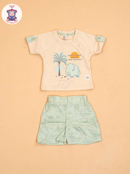 Cream & Light Green- T-Shirts & Shorts