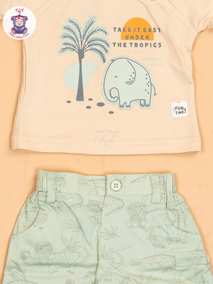 Cream & Light Green- T-Shirts & Shorts