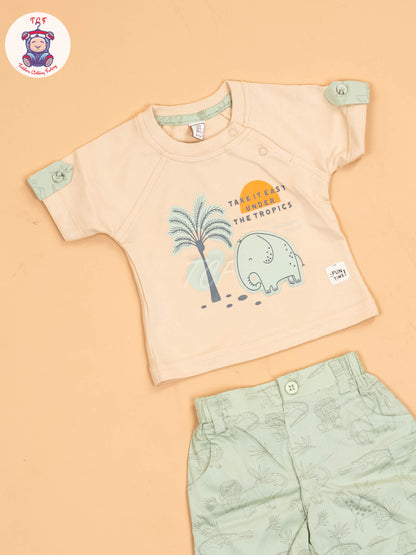 Cream & Light Green- T-Shirts & Shorts