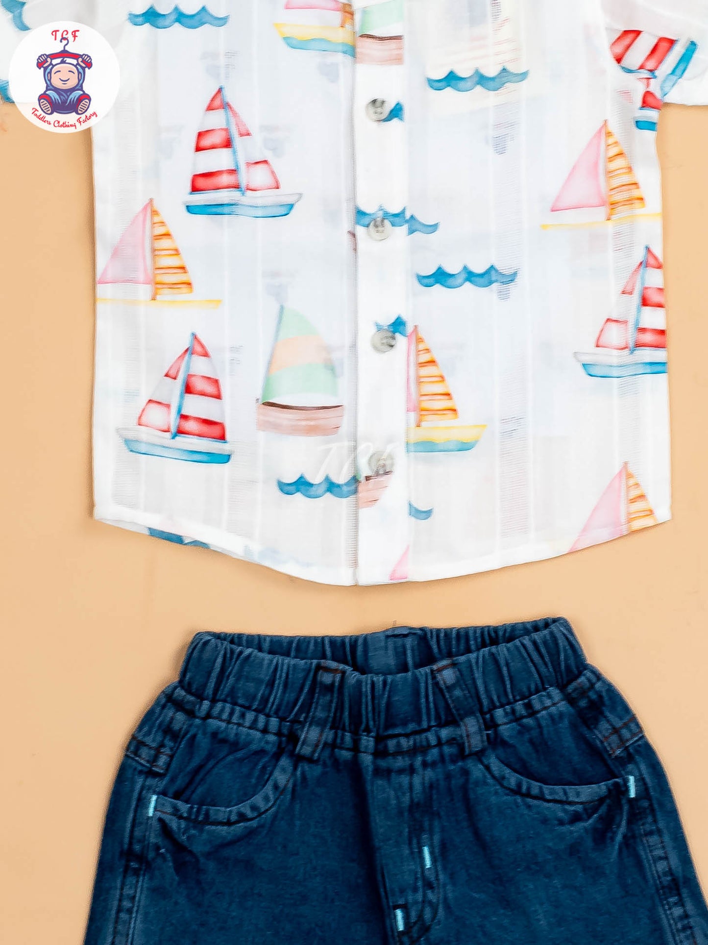 White Ship Printed - Boys Shirts & Shorts