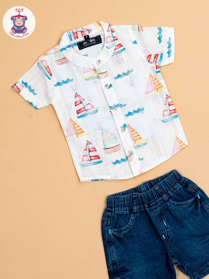 White Ship Printed - Boys Shirts & Shorts