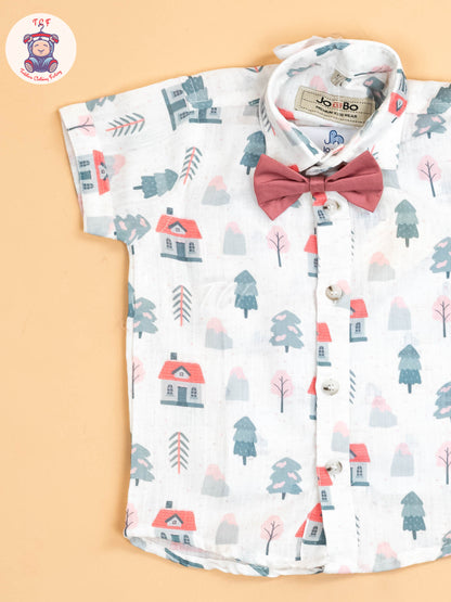 White Floral & Pink - Half Sleeves Shirts & Shorts Set With Suspender & Bow
