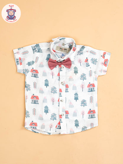 White Floral & Pink - Half Sleeves Shirts & Shorts Set With Suspender & Bow