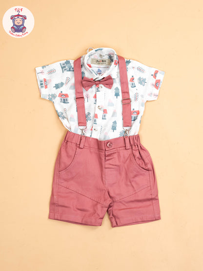 White Floral & Pink - Half Sleeves Shirts & Shorts Set With Suspender & Bow