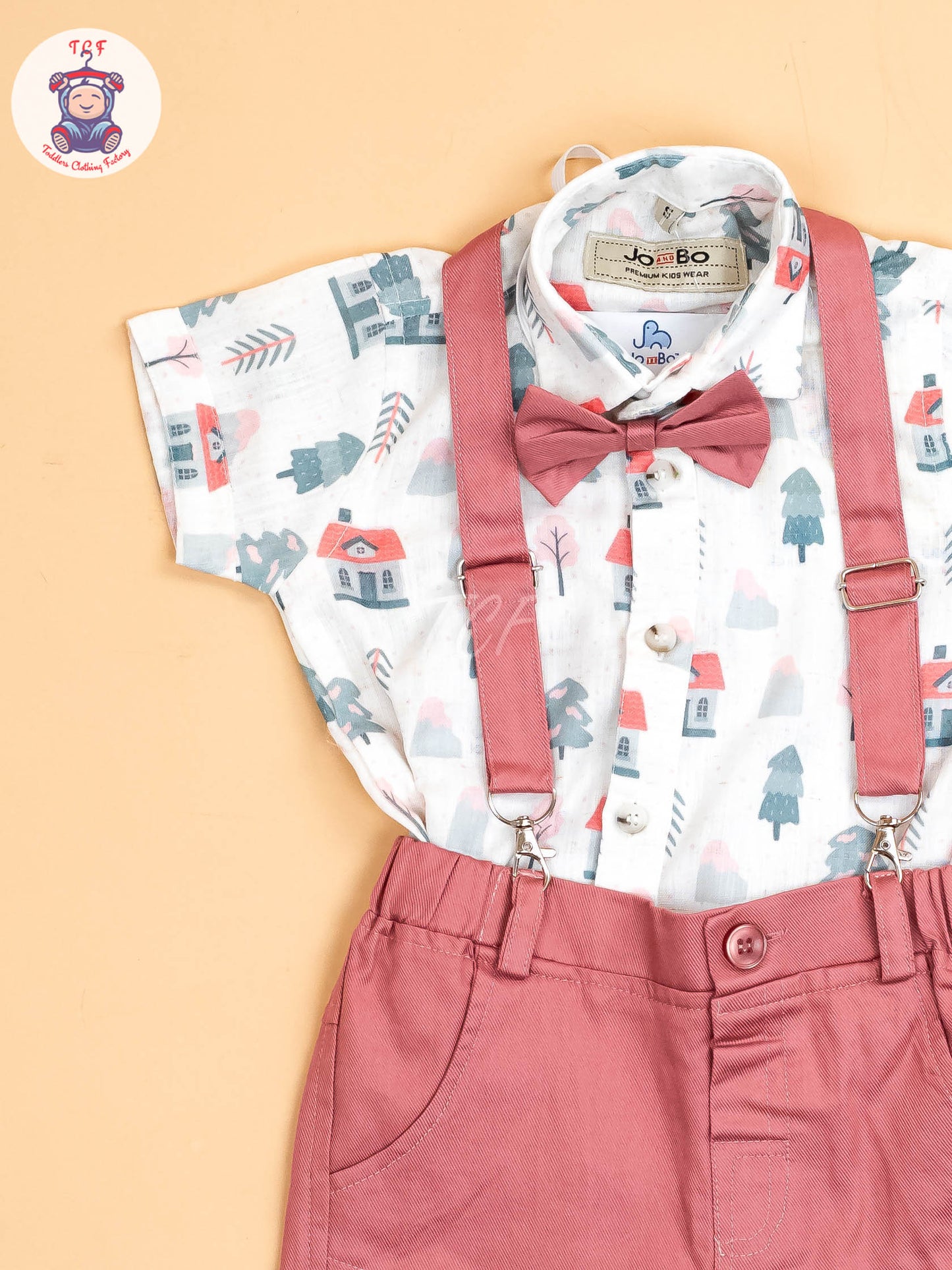 White Floral & Pink - Half Sleeves Shirts & Shorts Set With Suspender & Bow