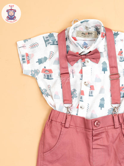White Floral & Pink - Half Sleeves Shirts & Shorts Set With Suspender & Bow