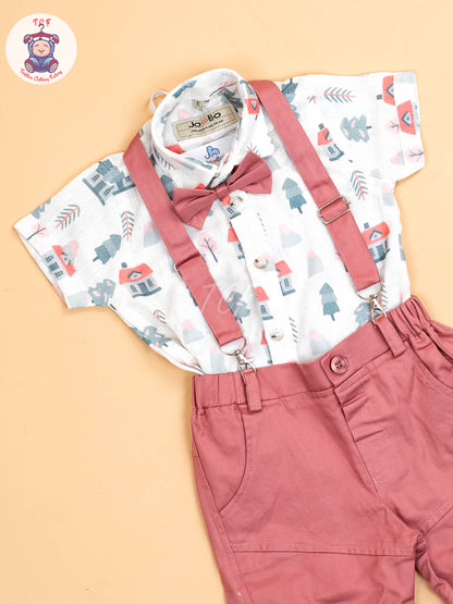 White Floral & Pink - Half Sleeves Shirts & Shorts Set With Suspender & Bow