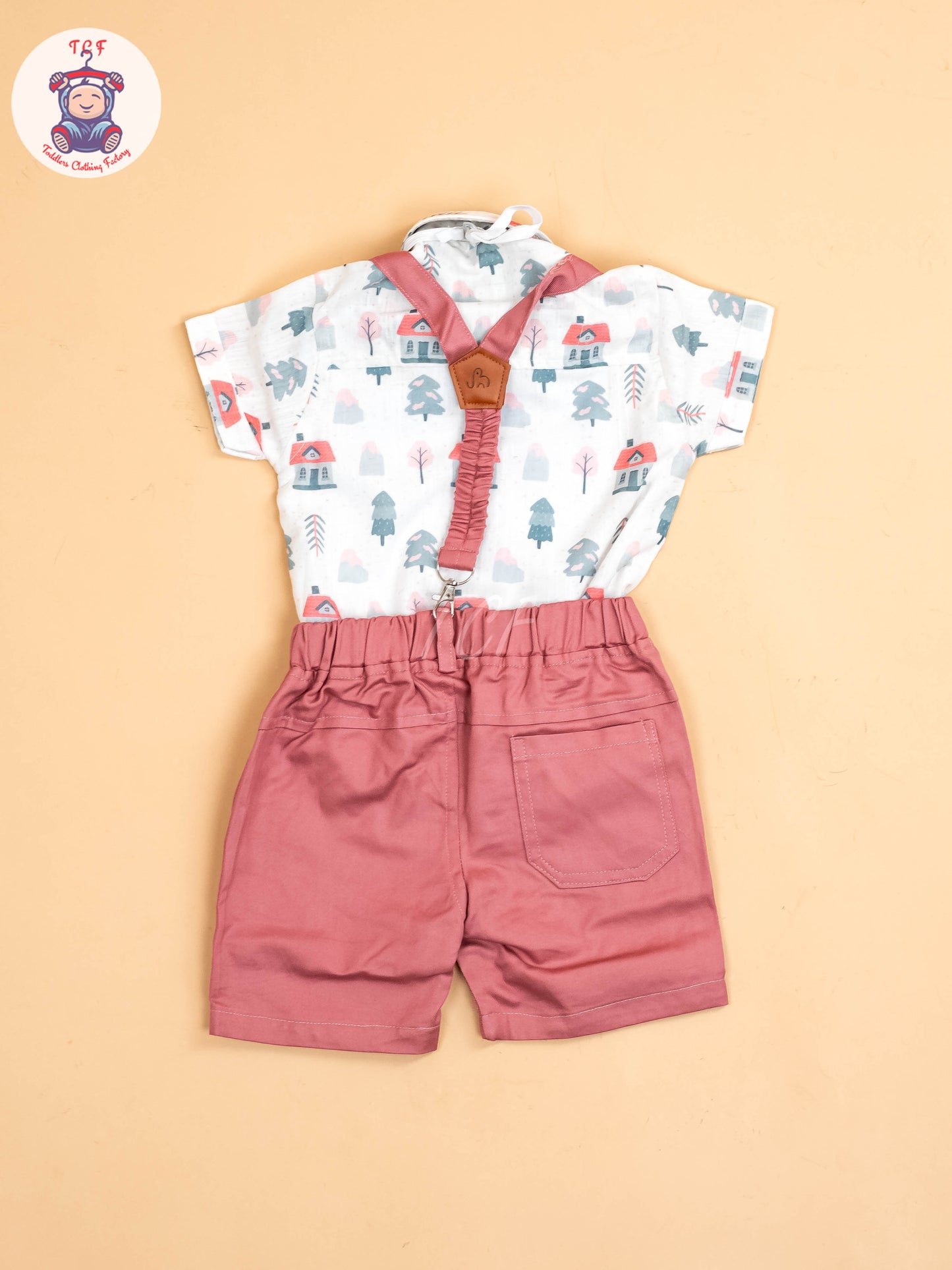 White Floral & Pink - Half Sleeves Shirts & Shorts Set With Suspender & Bow