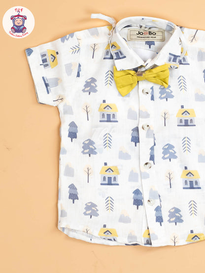 White Floral & Yellow - Half Sleeves Shirts & Shorts Set With Suspender & Bow