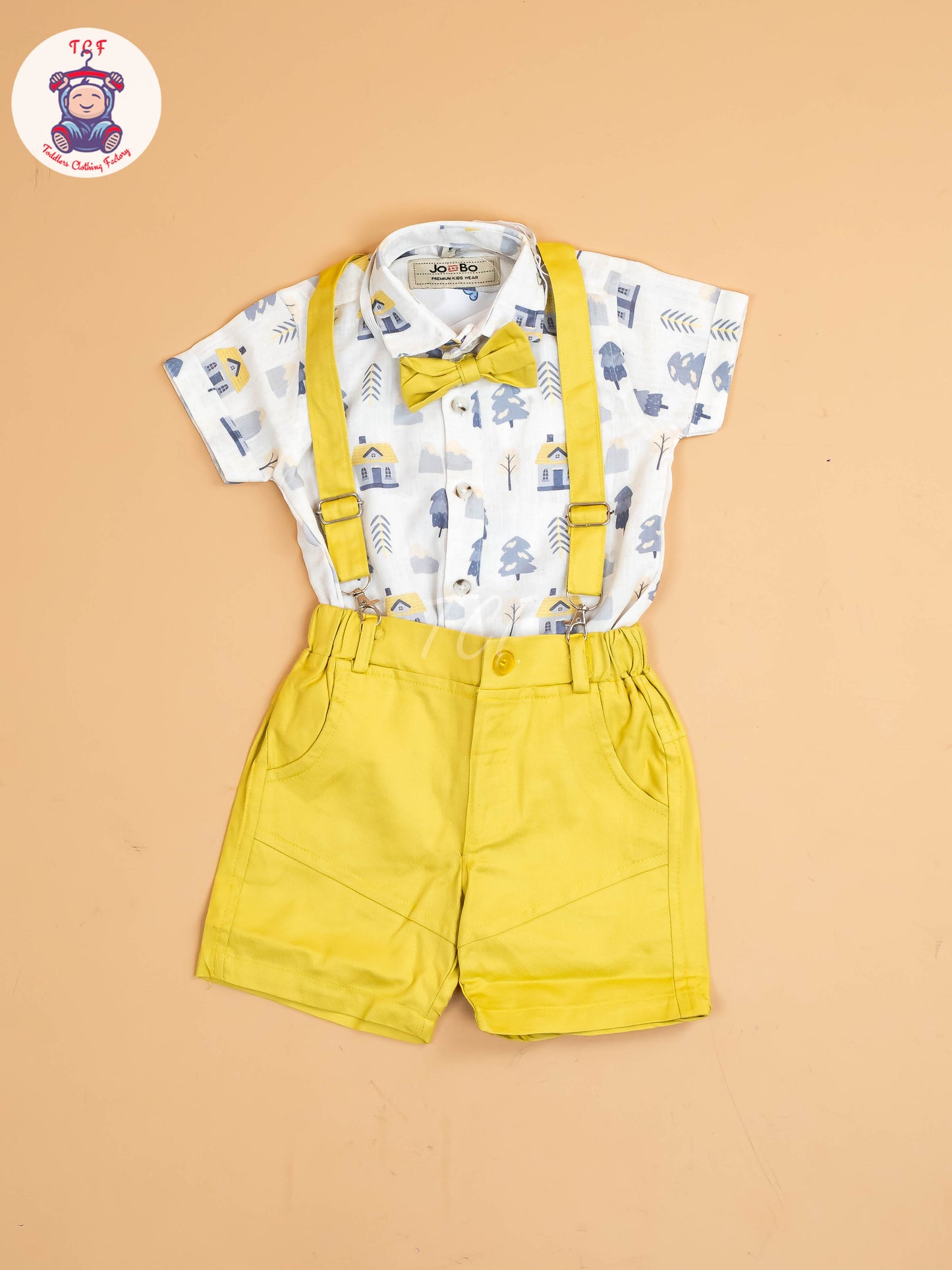 White Floral & Yellow - Half Sleeves Shirts & Shorts Set With Suspender & Bow