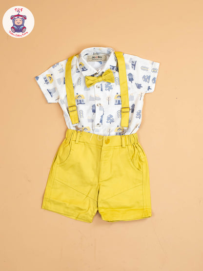 White Floral & Yellow - Half Sleeves Shirts & Shorts Set With Suspender & Bow