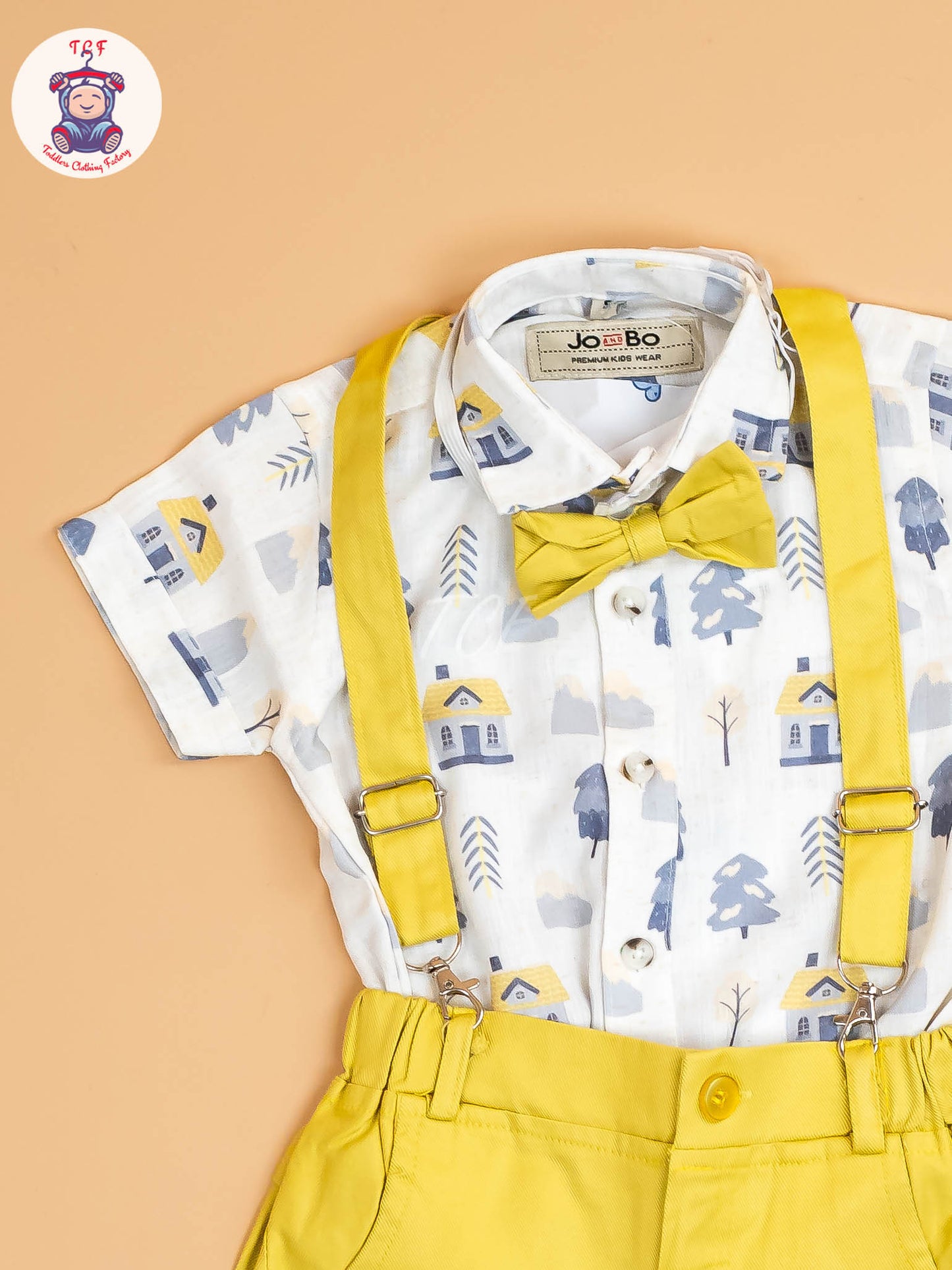 White Floral & Yellow - Half Sleeves Shirts & Shorts Set With Suspender & Bow