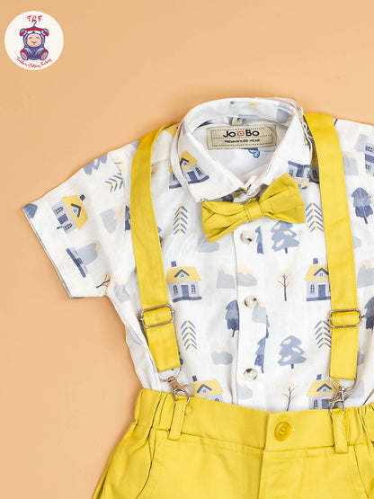 White Floral & Yellow - Half Sleeves Shirts & Shorts Set With Suspender & Bow