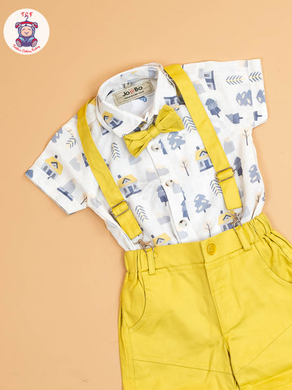 White Floral & Yellow - Half Sleeves Shirts & Shorts Set With Suspender & Bow