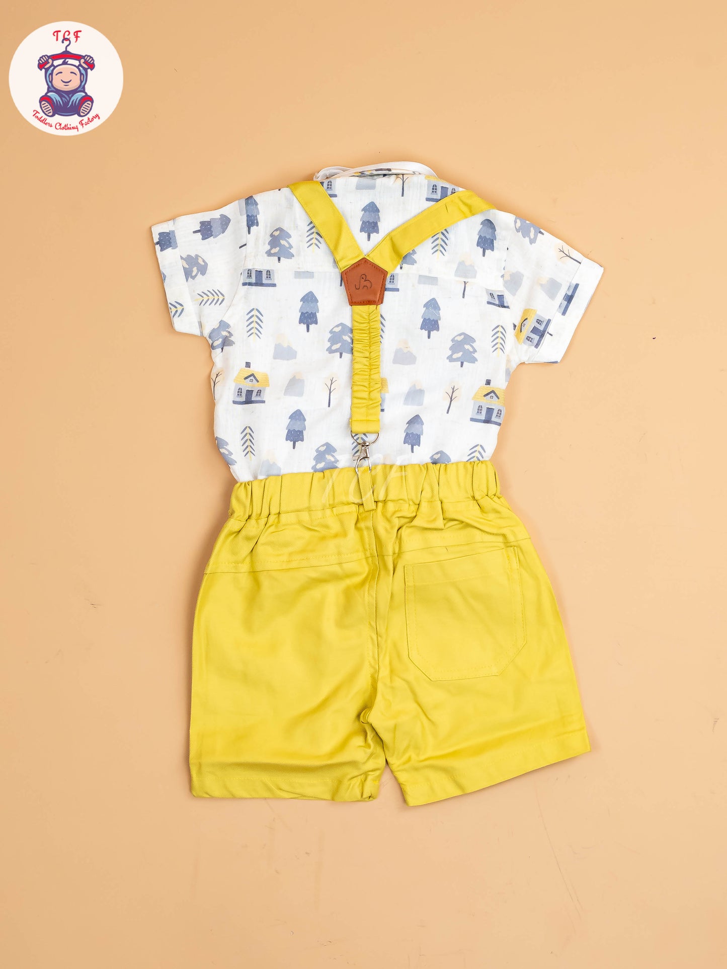 White Floral & Yellow - Half Sleeves Shirts & Shorts Set With Suspender & Bow