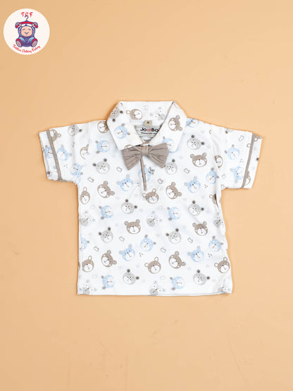 White Floral & Grey - Half Sleeves Shirts & Shorts Set With Suspender & Bow