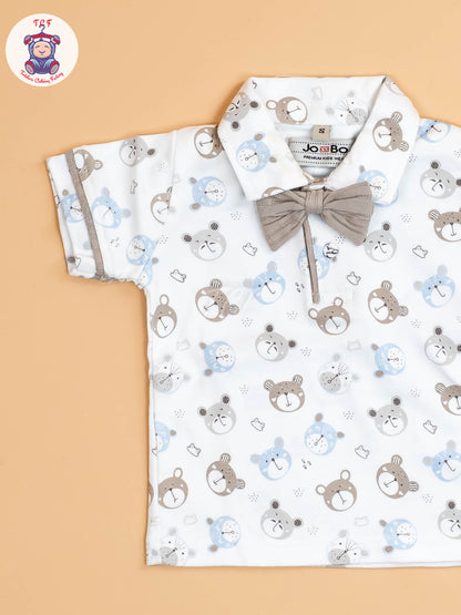 White Floral & Grey - Half Sleeves Shirts & Shorts Set With Suspender & Bow
