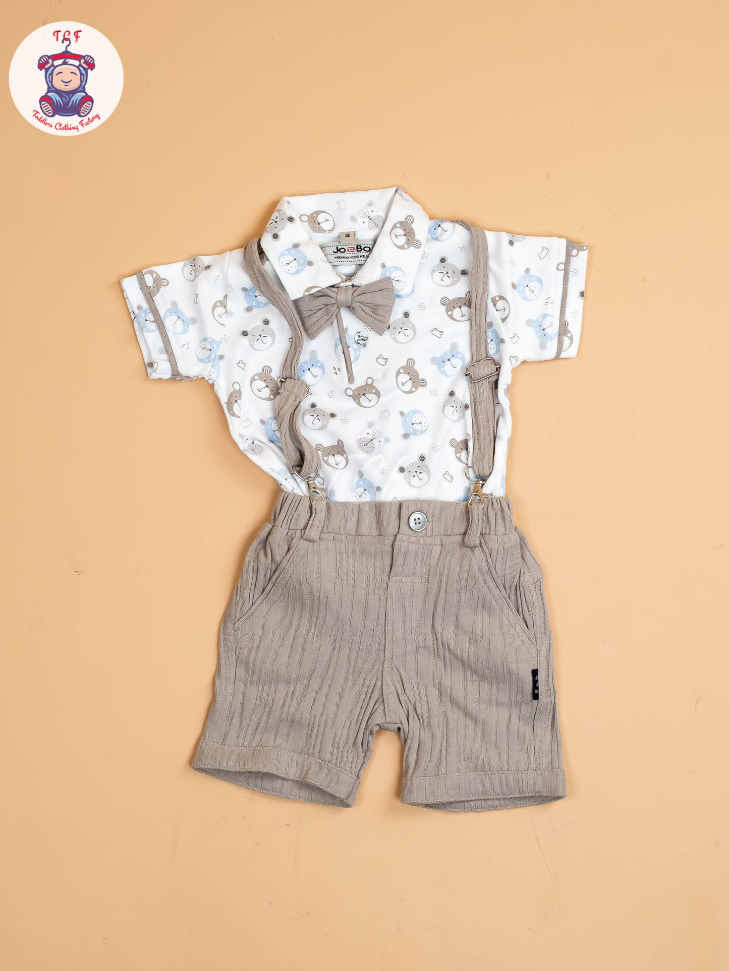 White Floral & Grey - Half Sleeves Shirts & Shorts Set With Suspender & Bow