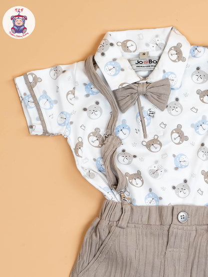 White Floral & Grey - Half Sleeves Shirts & Shorts Set With Suspender & Bow