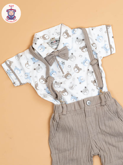 White Floral & Grey - Half Sleeves Shirts & Shorts Set With Suspender & Bow