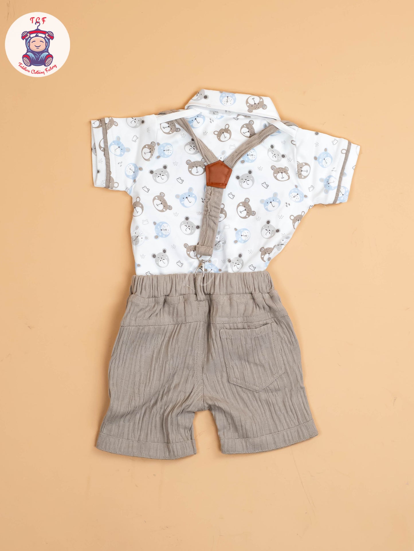 White Floral & Grey - Half Sleeves Shirts & Shorts Set With Suspender & Bow