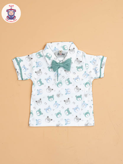 White Floral & Green - Half Sleeves Shirts & Shorts Set With Suspender & Bow