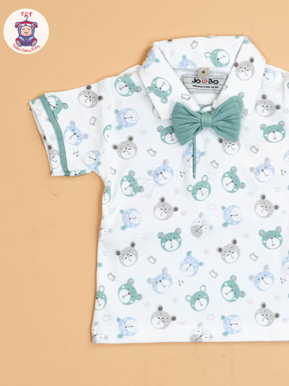 White Floral & Green - Half Sleeves Shirts & Shorts Set With Suspender & Bow