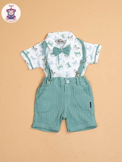 White Floral & Green - Half Sleeves Shirts & Shorts Set With Suspender & Bow